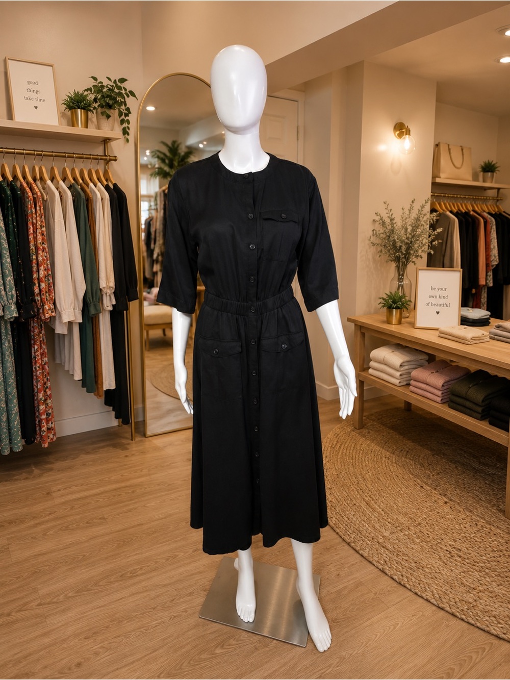 LOFT Black Button-Front Midi Dress with Elastic Waist